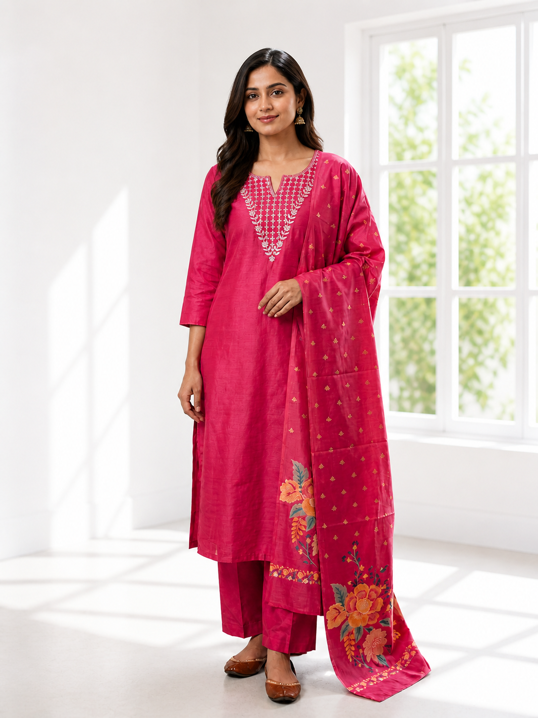 Elegant Pink Roman Silk Split Neck Salwar Suit with Floral Dupatta