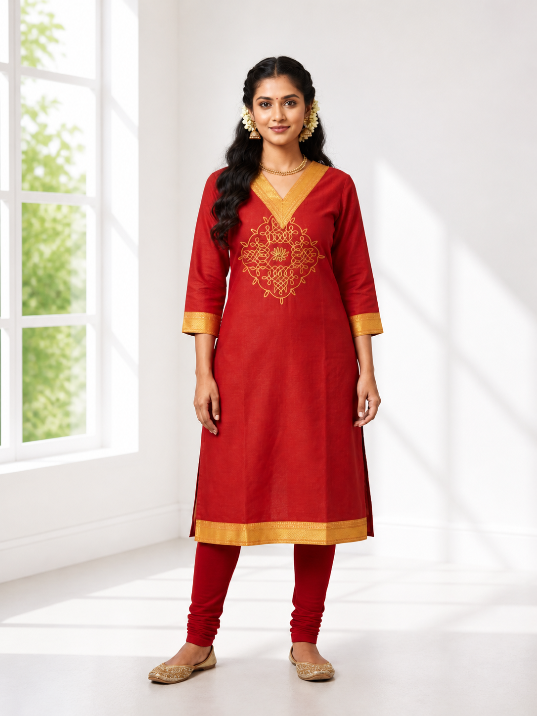 Traditional Red Chettinad Cotton Kurti with Embroidery