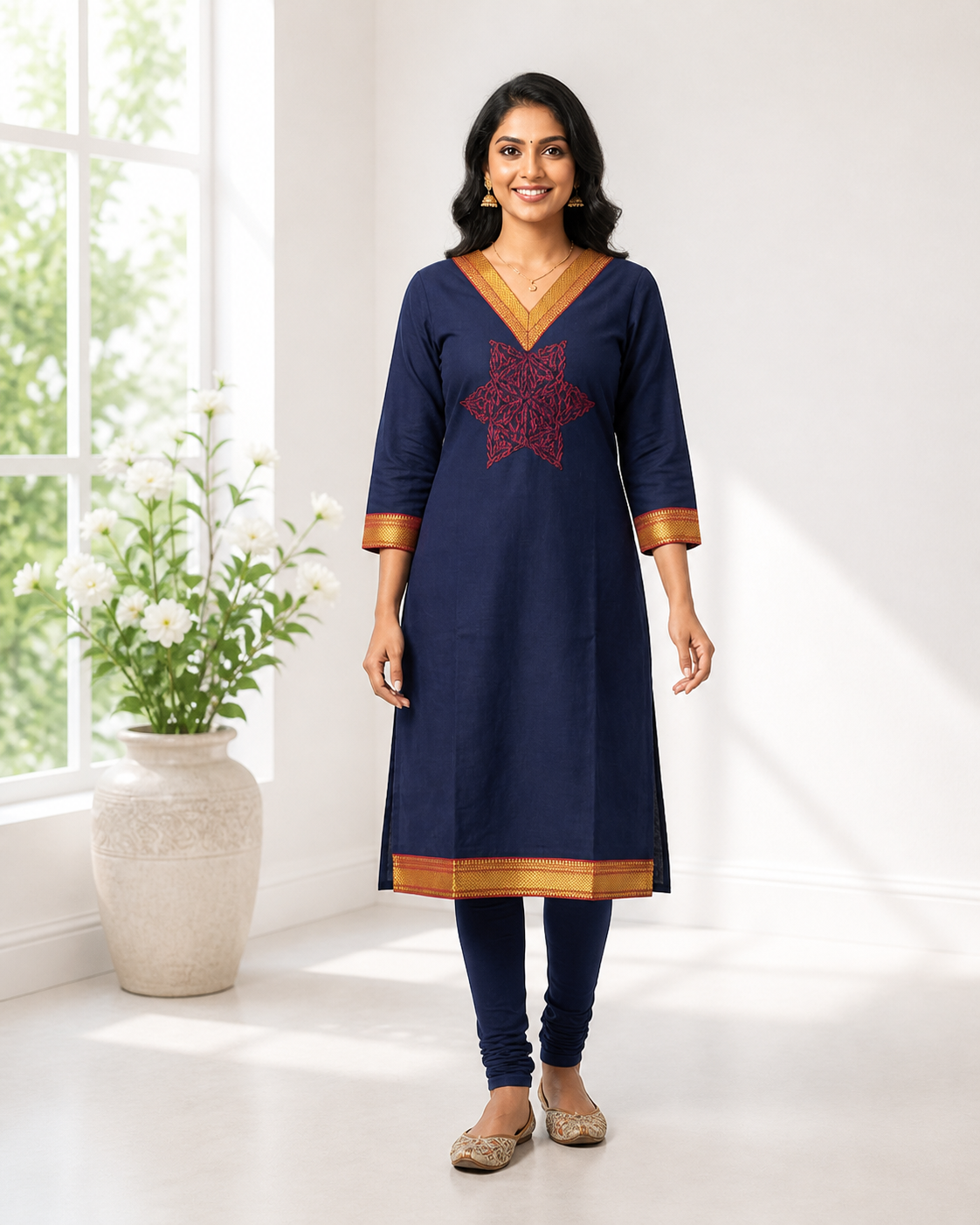 Elegant Navy Blue Chettinad Cotton Kurti with Embroidery