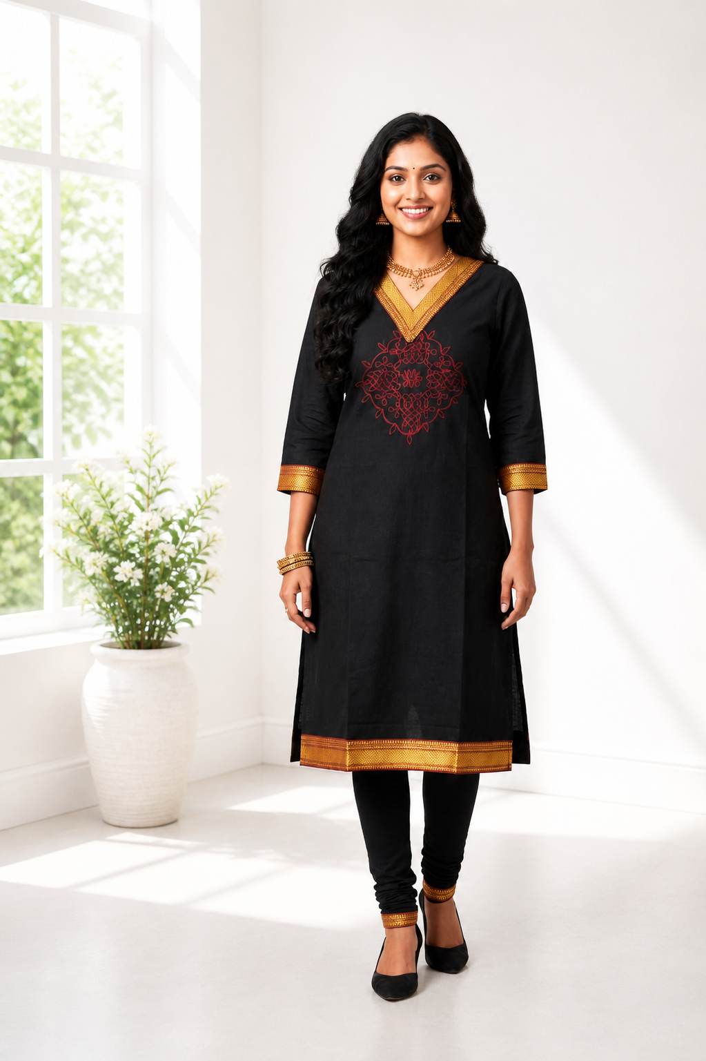 Classic Black Chettinad Cotton Kurti with Embroidery