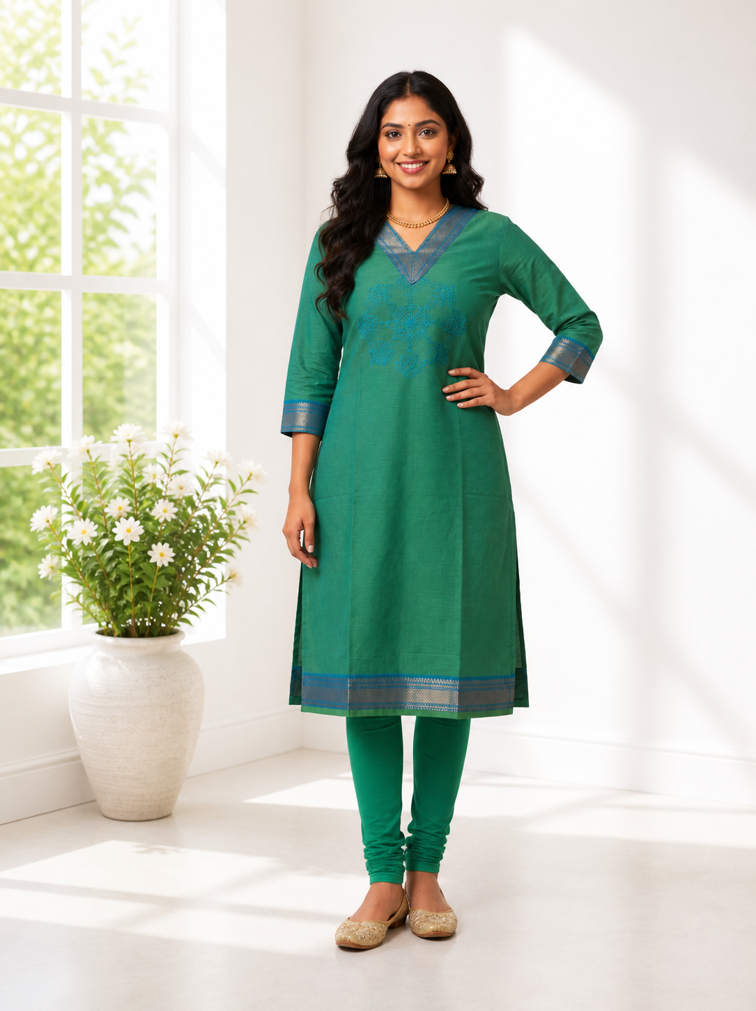 Elegant Green Chettinad Cotton Kurti with Embroidery