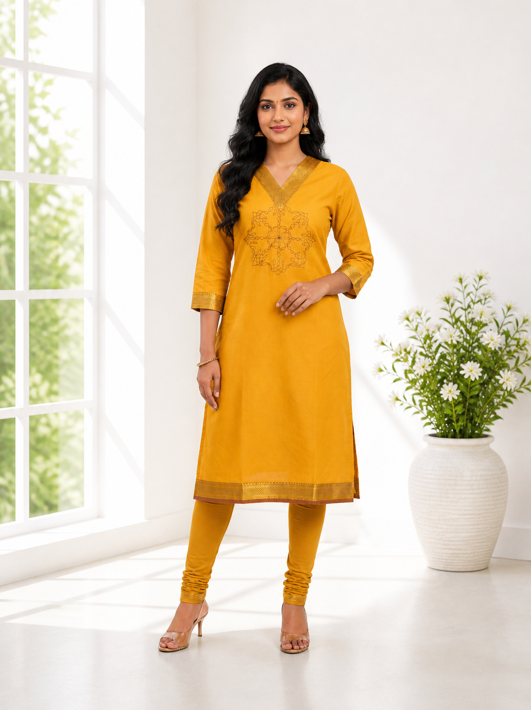 Elegant Mustard Yellow Chettinad Cotton Kurti with Embroidery