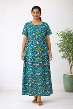 Women’s Green Floral Zipless Maternity Frock – Cotton Blend Dress with Pocket & Rope