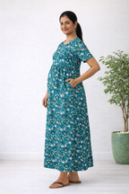 Women’s Green Floral Zipless Maternity Frock – Cotton Blend Dress with Pocket & Rope