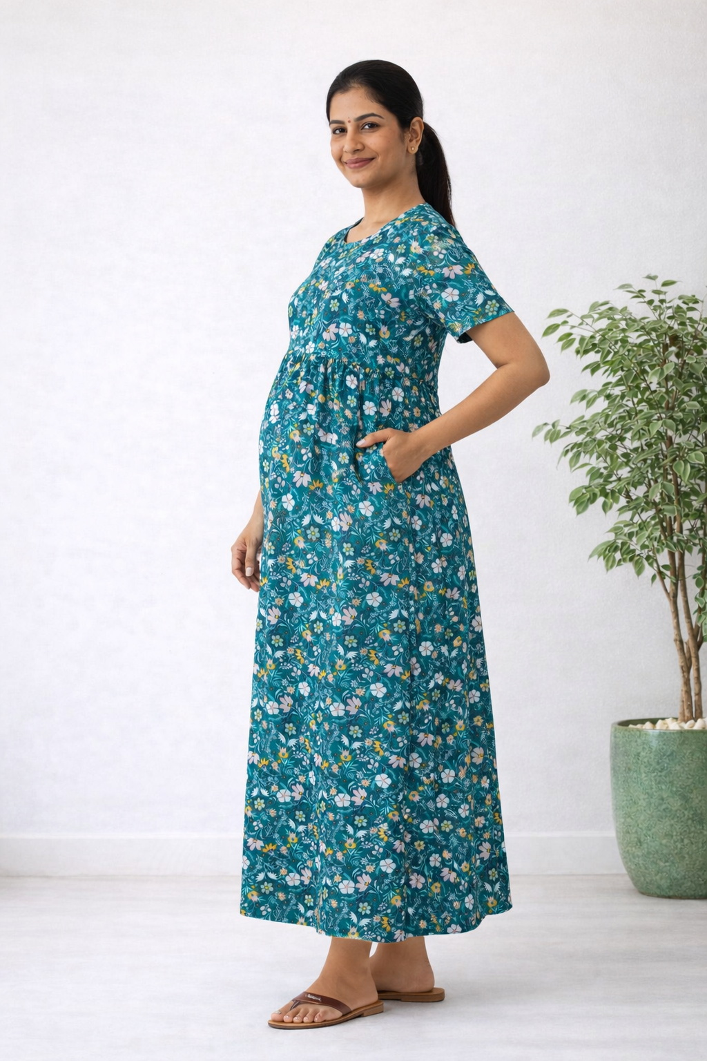 Women’s Green Floral Zipless Maternity Frock – Cotton Blend Dress with Pocket & Rope