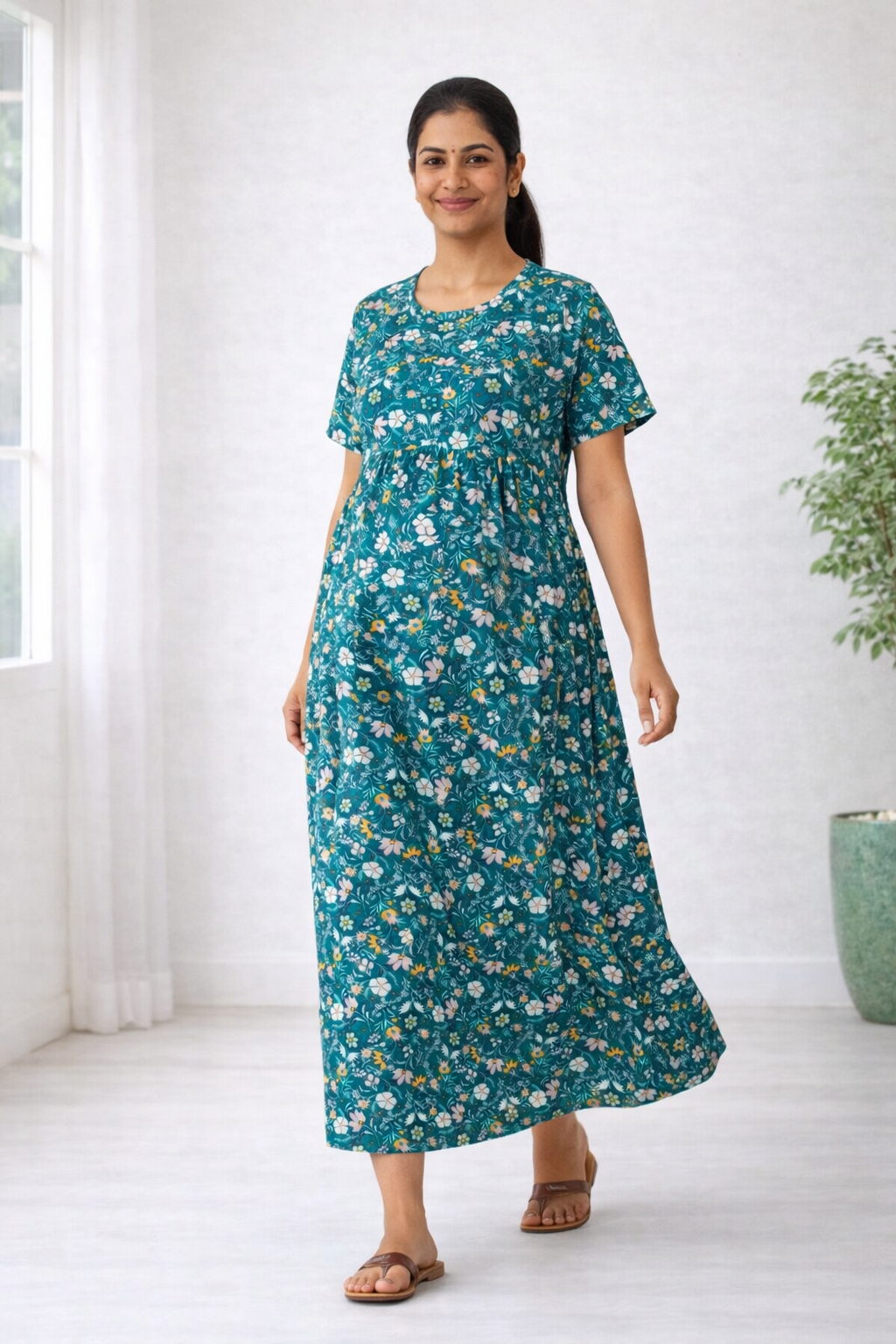 Women’s Green Floral Zipless Maternity Frock – Cotton Blend Dress with Pocket & Rope
