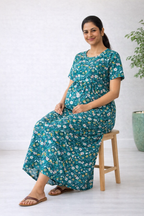 Women’s Green Floral Zipless Maternity Frock – Cotton Blend Dress with Pocket & Rope