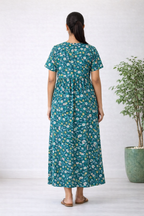 Women’s Green Floral Zipless Maternity Frock – Cotton Blend Dress with Pocket & Rope