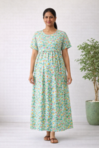 Women’s Pista Green Floral Zipless Maternity Frock – Cotton Blend Dress with Pocket & Rope