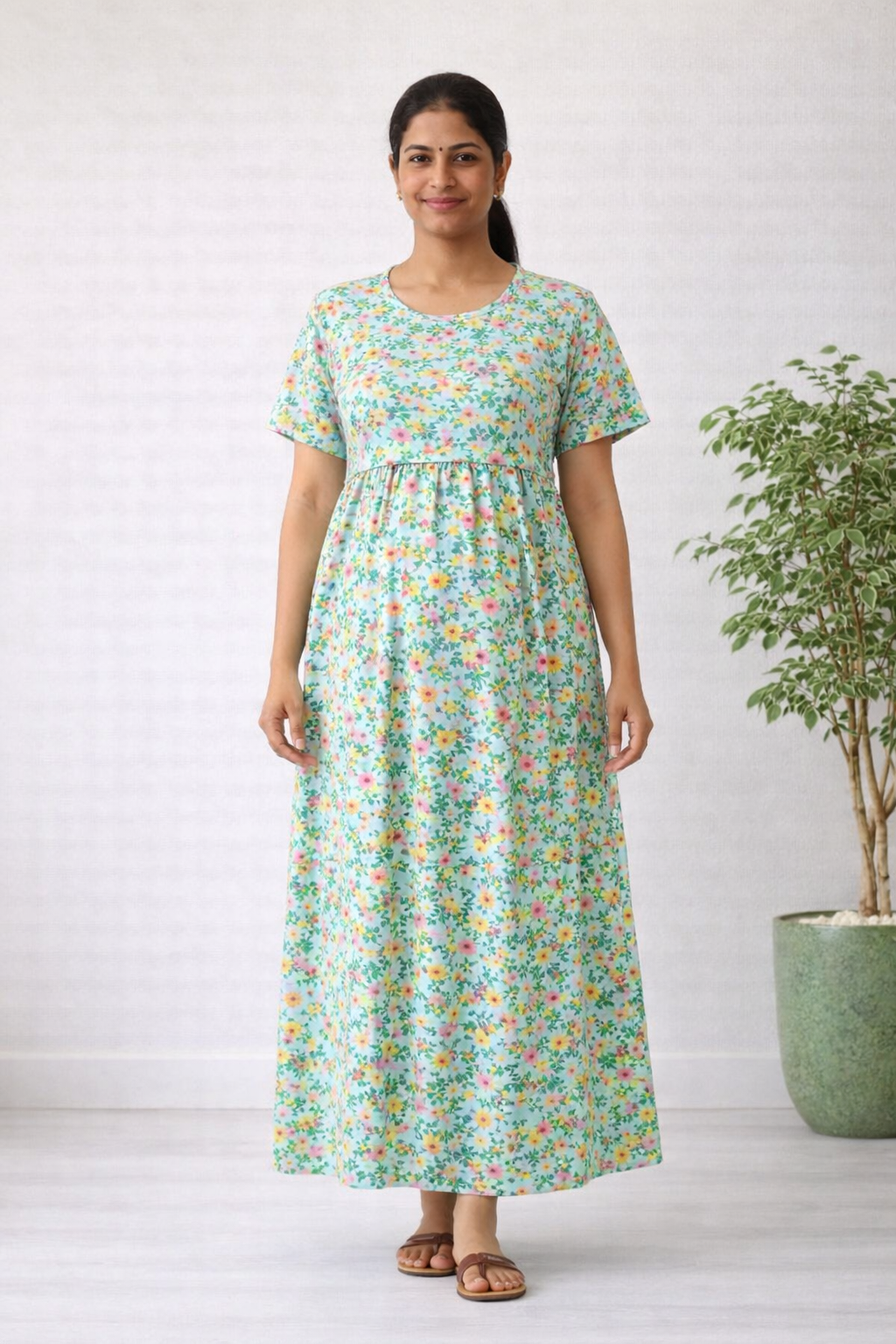 Women’s Pista Green Floral Zipless Maternity Frock – Cotton Blend Dress with Pocket & Rope
