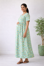Women’s Pista Green Floral Zipless Maternity Frock – Cotton Blend Dress with Pocket & Rope
