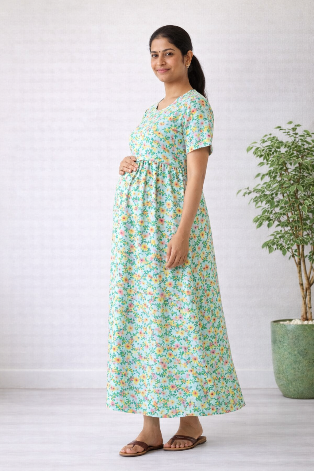 Women’s Pista Green Floral Zipless Maternity Frock – Cotton Blend Dress with Pocket & Rope