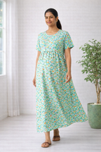 Women’s Pista Green Floral Zipless Maternity Frock – Cotton Blend Dress with Pocket & Rope