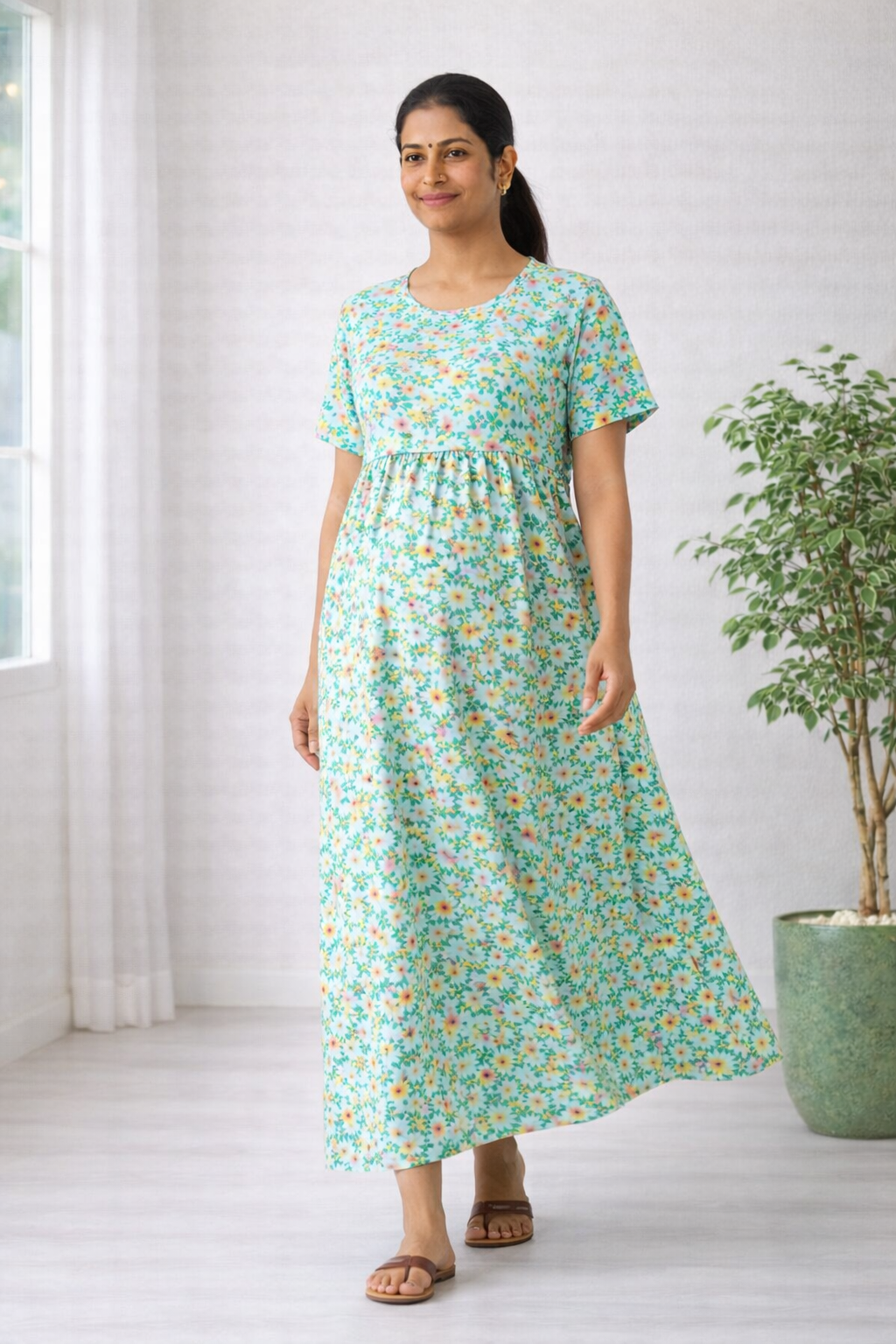 Women’s Pista Green Floral Zipless Maternity Frock – Cotton Blend Dress with Pocket & Rope