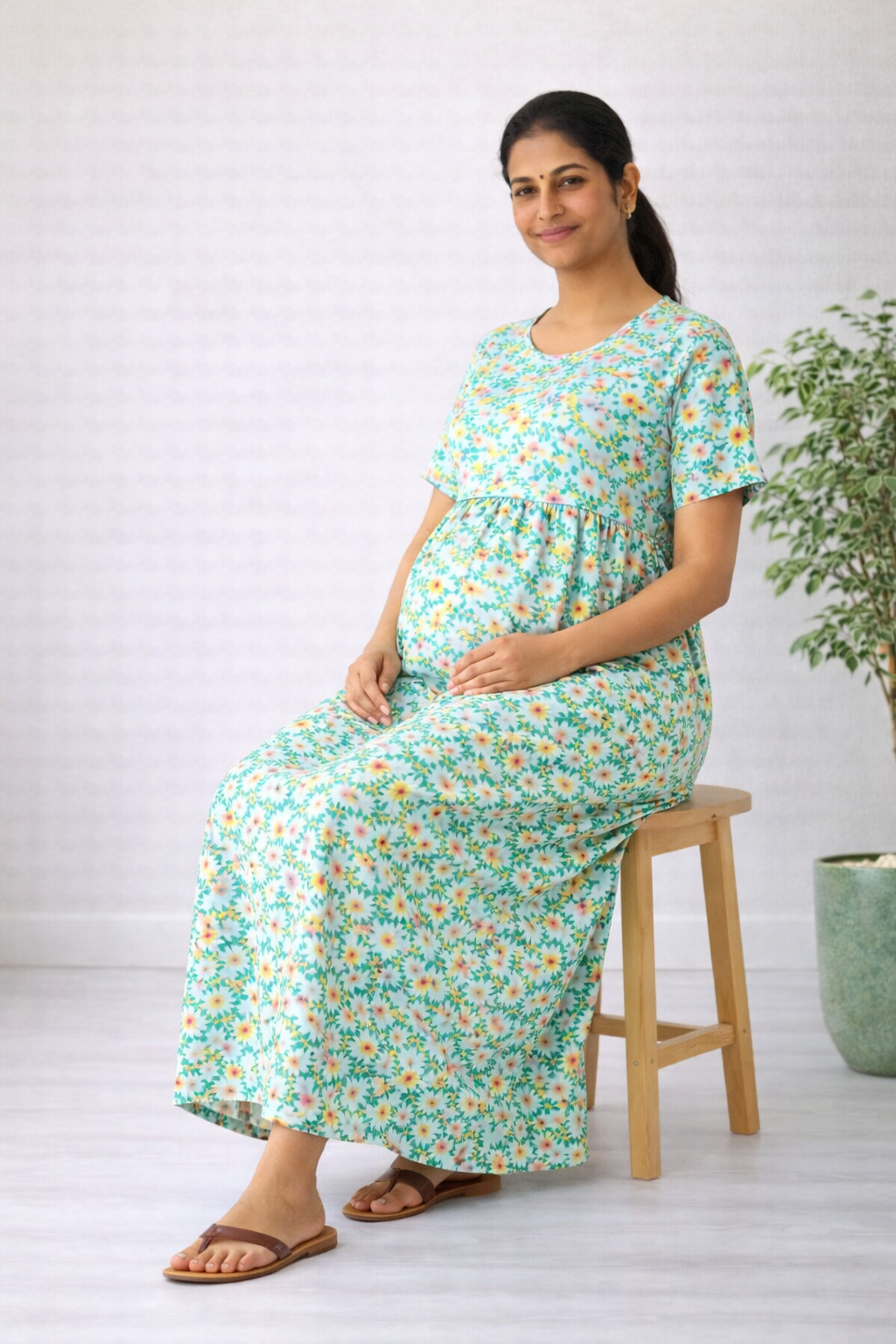 Women’s Pista Green Floral Zipless Maternity Frock – Cotton Blend Dress with Pocket & Rope