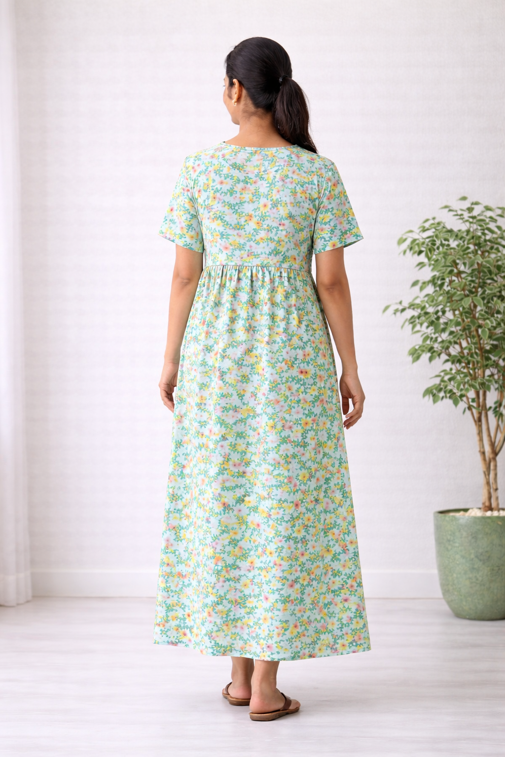Women’s Pista Green Floral Zipless Maternity Frock – Cotton Blend Dress with Pocket & Rope