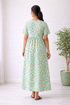 Women’s Pista Green Floral Zipless Maternity Frock – Cotton Blend Dress with Pocket & Rope
