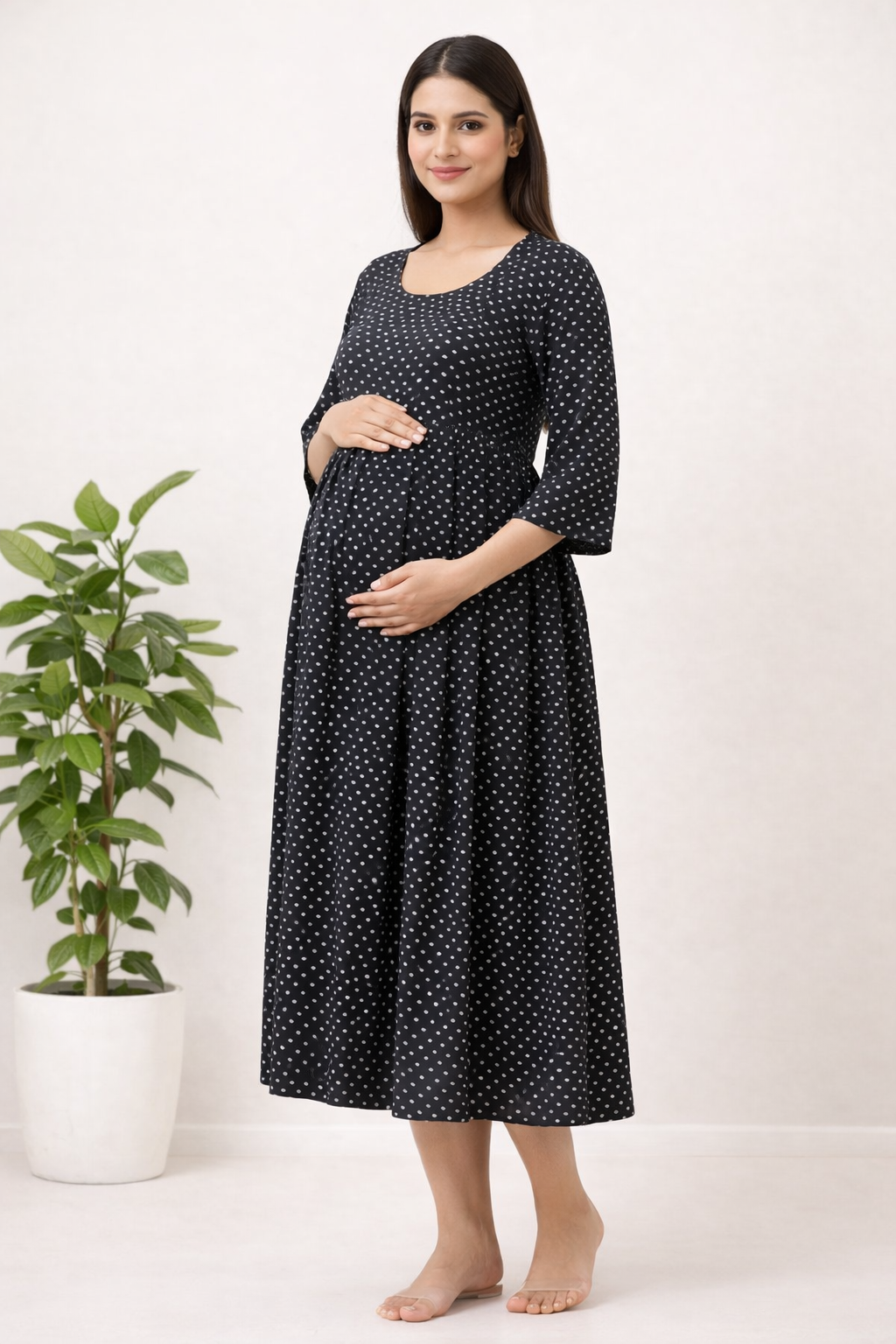 Black Polka Dot Maternity Umbrella Dress with Double Side Invisible Zip