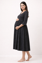 Black Polka Dot Maternity Umbrella Dress with Double Side Invisible Zip