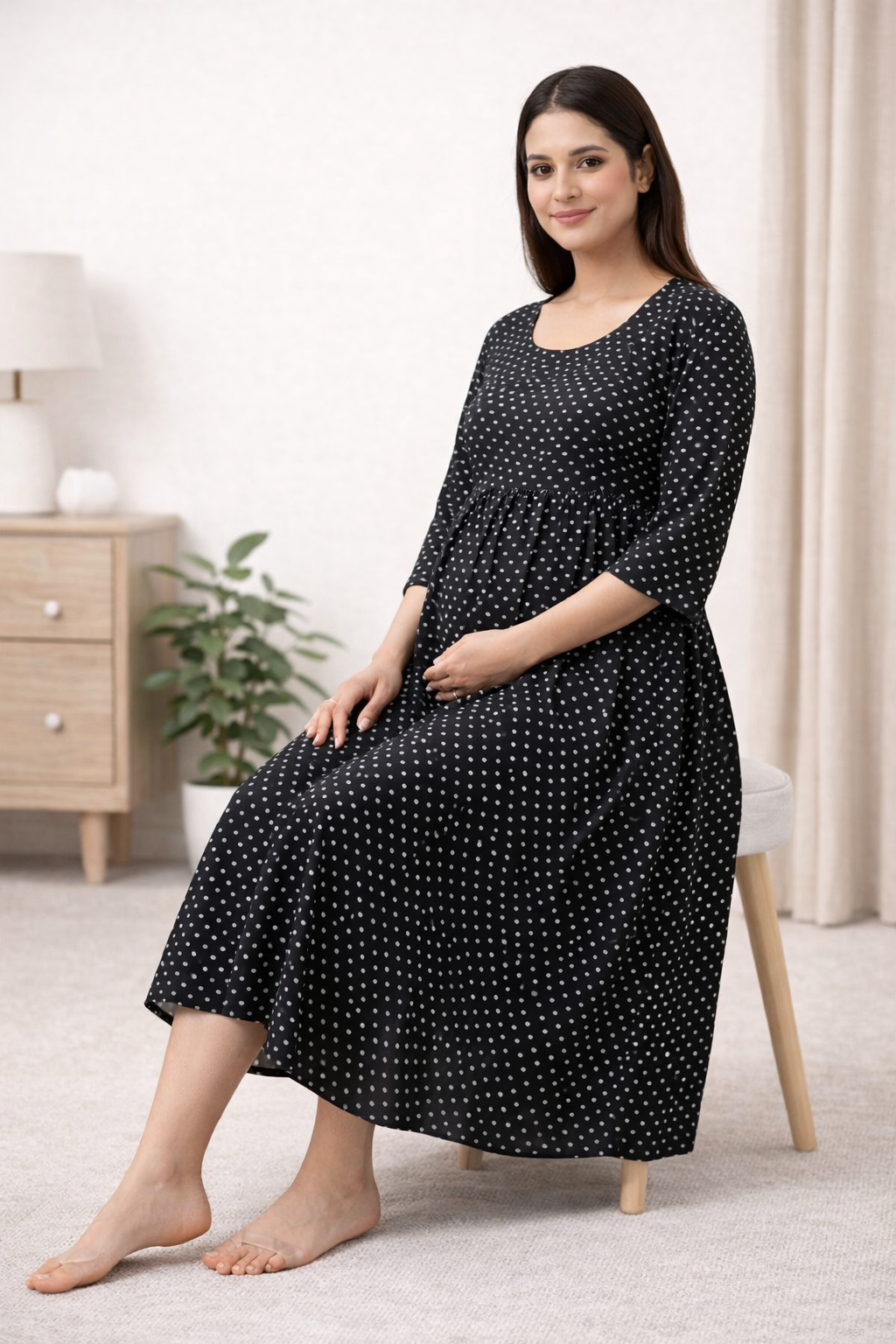 Black Polka Dot Maternity Umbrella Dress with Double Side Invisible Zip