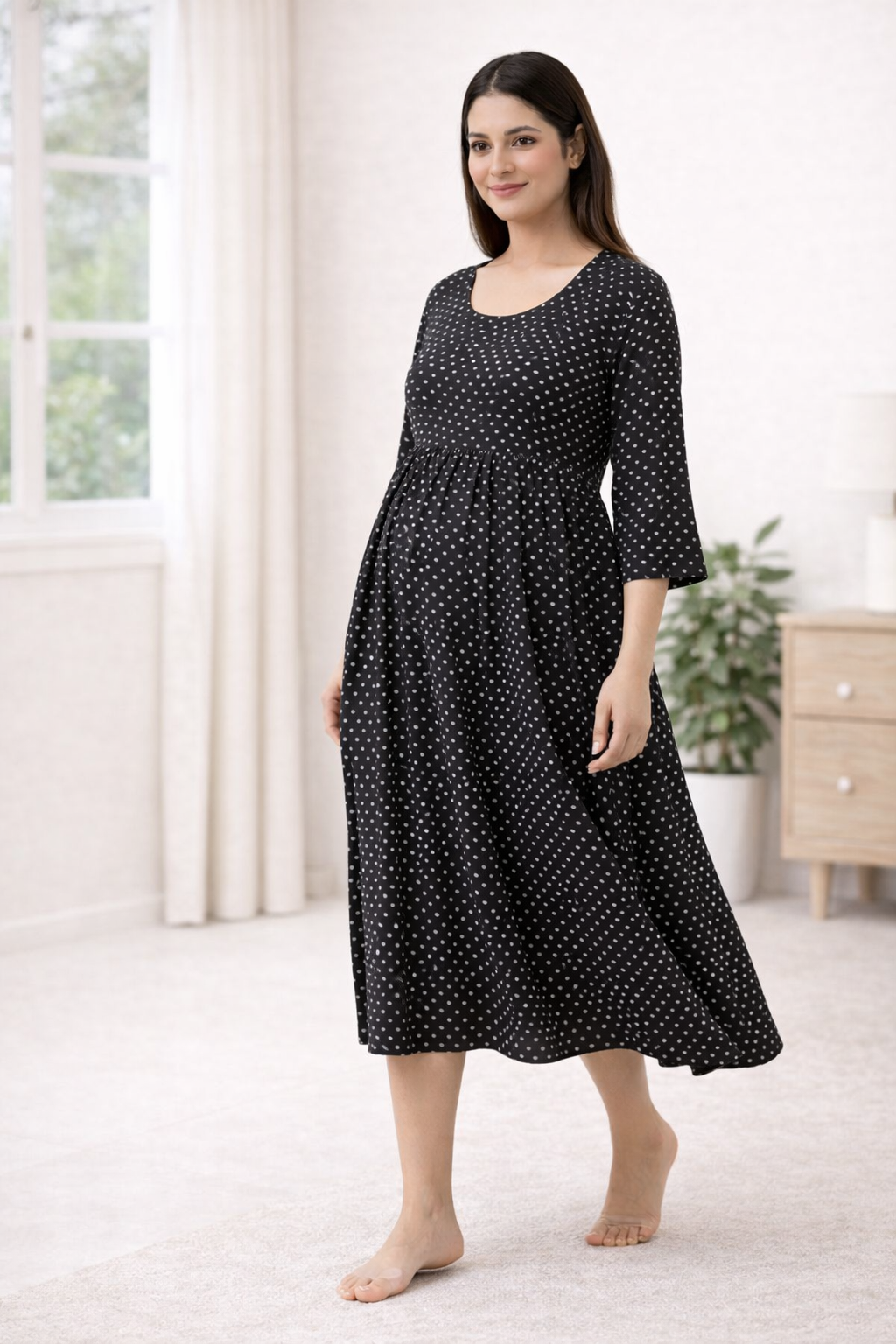 Black Polka Dot Maternity Umbrella Dress with Double Side Invisible Zip