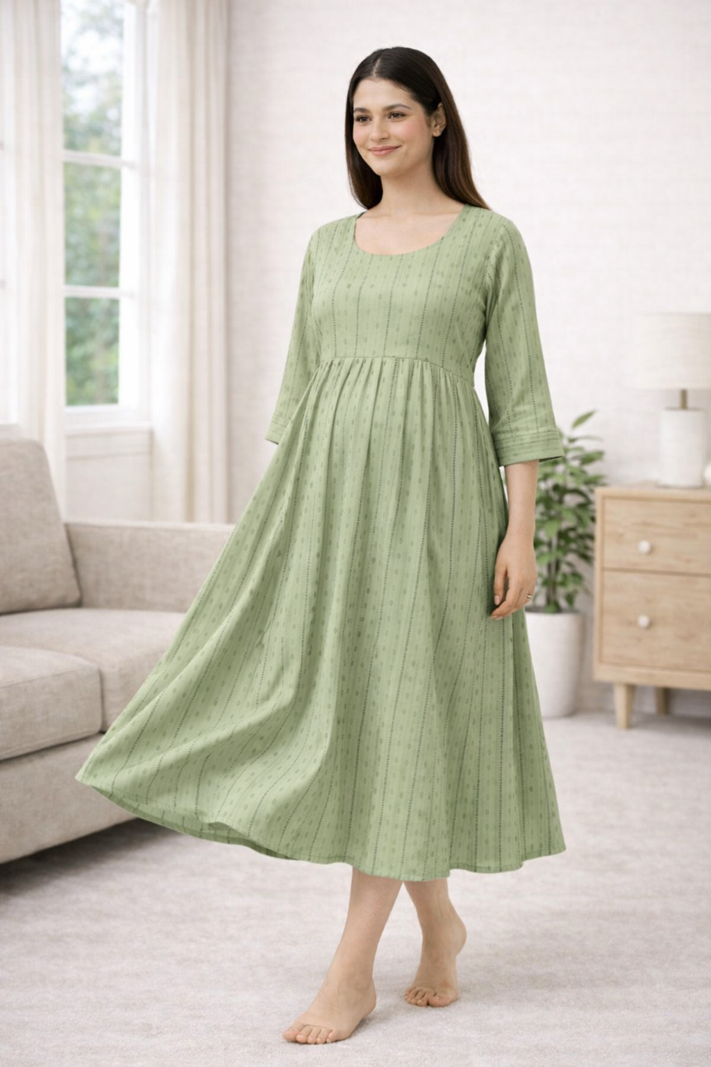 Pista Green Maternity Umbrella Dress with Double Side Invisible Zip
