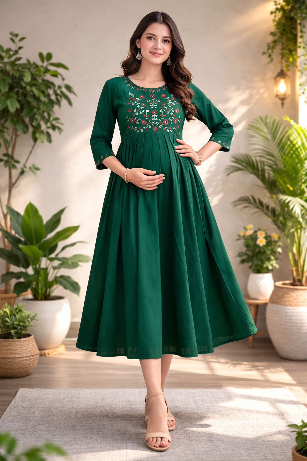 Dark Green Embroidered Maternity Umbrella Dress with Double Side Invisible Zip