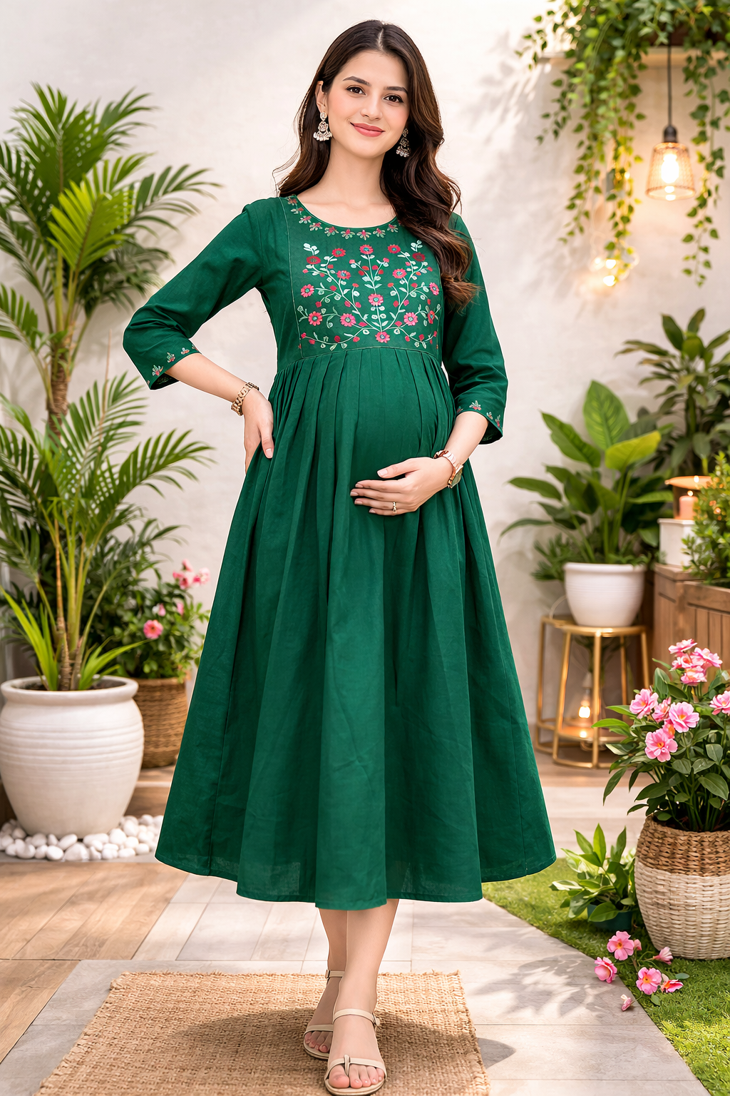 Dark Green Embroidered Maternity Umbrella Dress with Double Side Invisible Zip