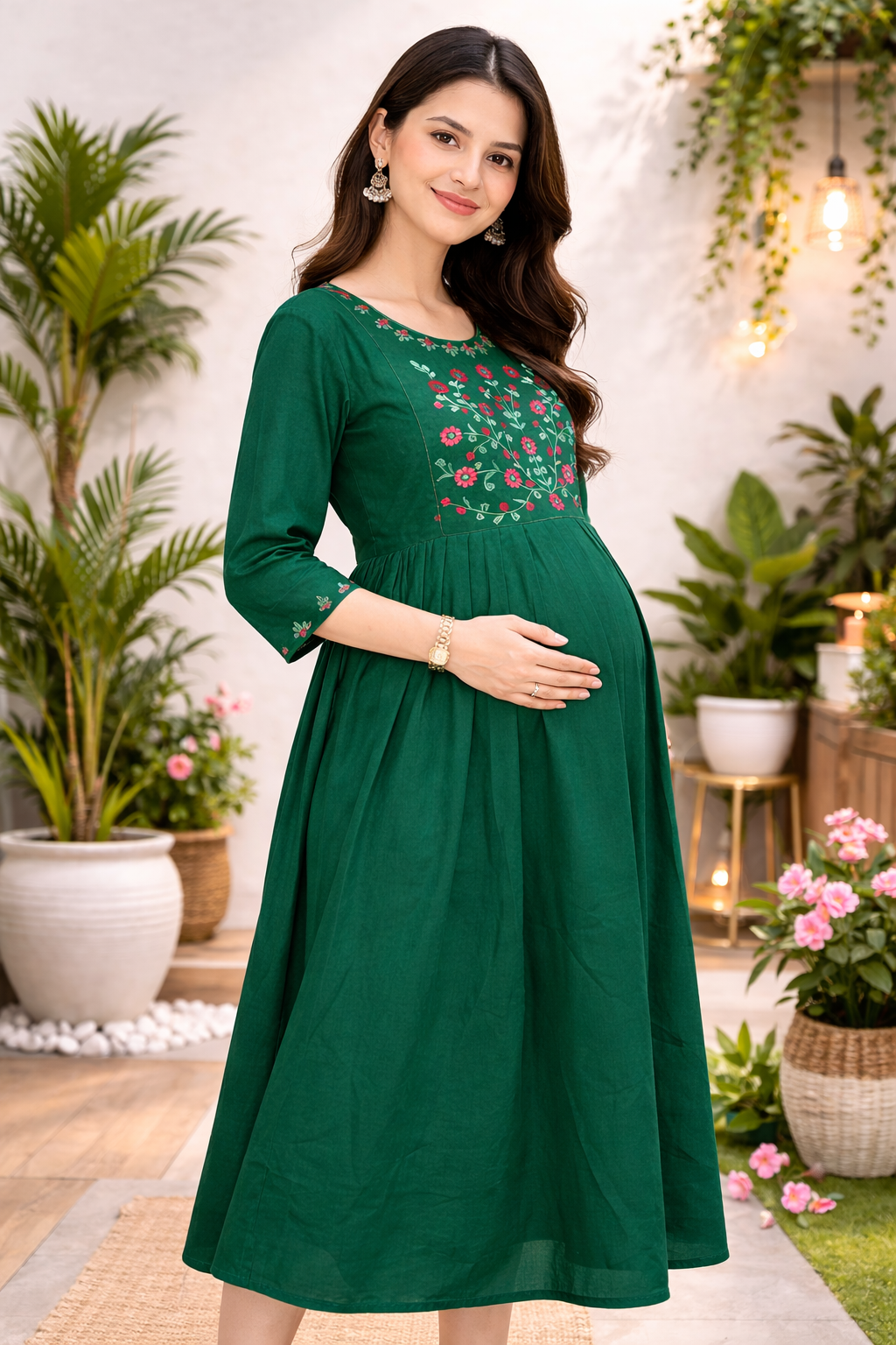 Dark Green Embroidered Maternity Umbrella Dress with Double Side Invisible Zip