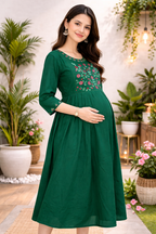 Dark Green Embroidered Maternity Umbrella Dress with Double Side Invisible Zip