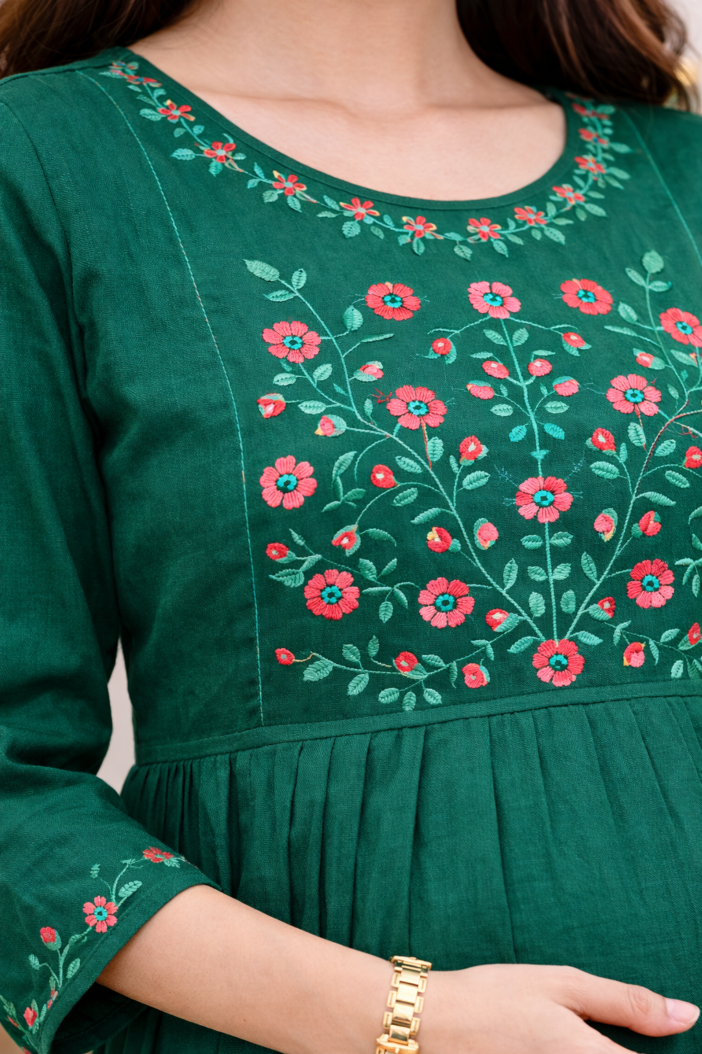 Dark Green Embroidered Maternity Umbrella Dress with Double Side Invisible Zip