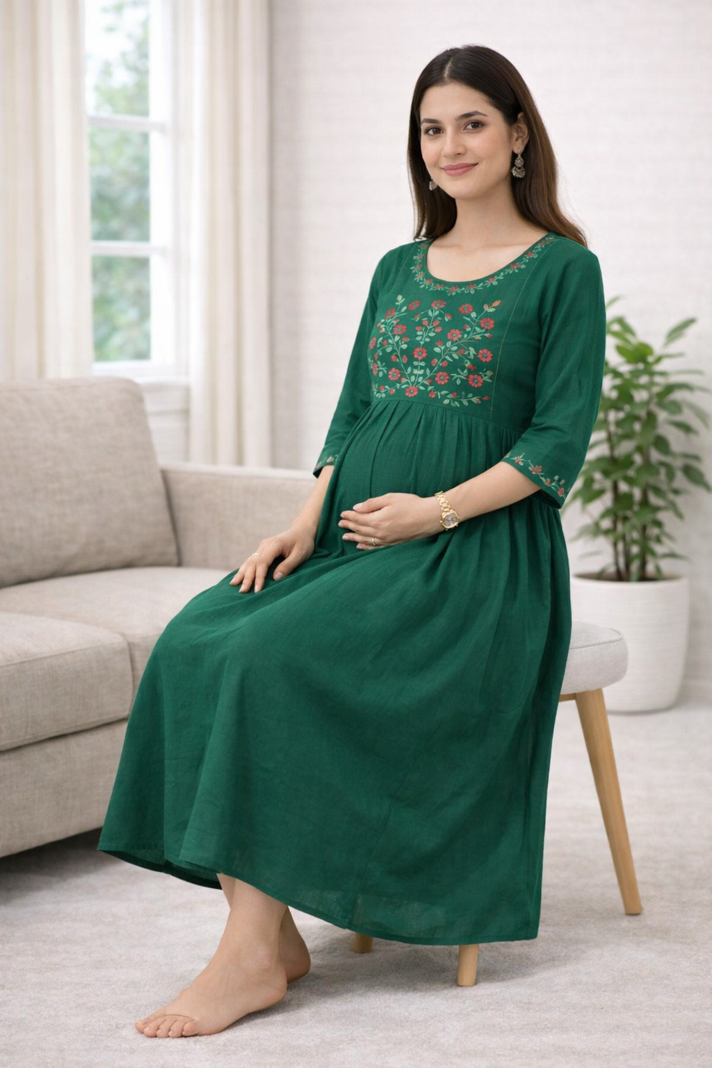 Dark Green Embroidered Maternity Umbrella Dress with Double Side Invisible Zip