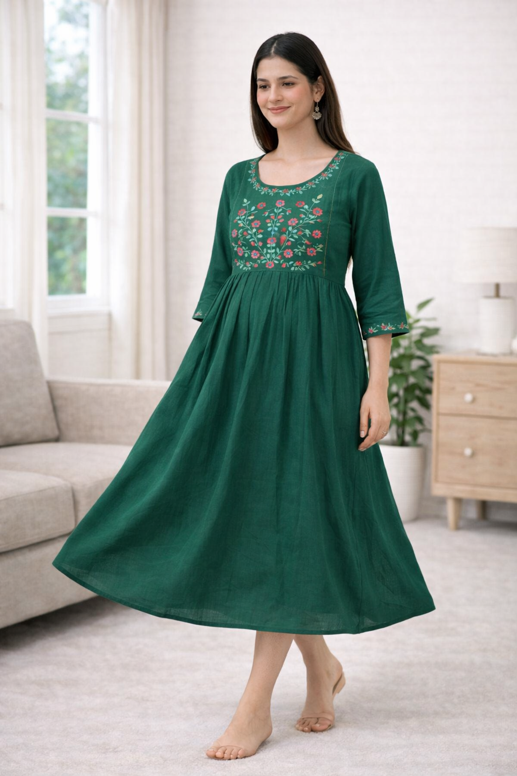 Dark Green Embroidered Maternity Umbrella Dress with Double Side Invisible Zip