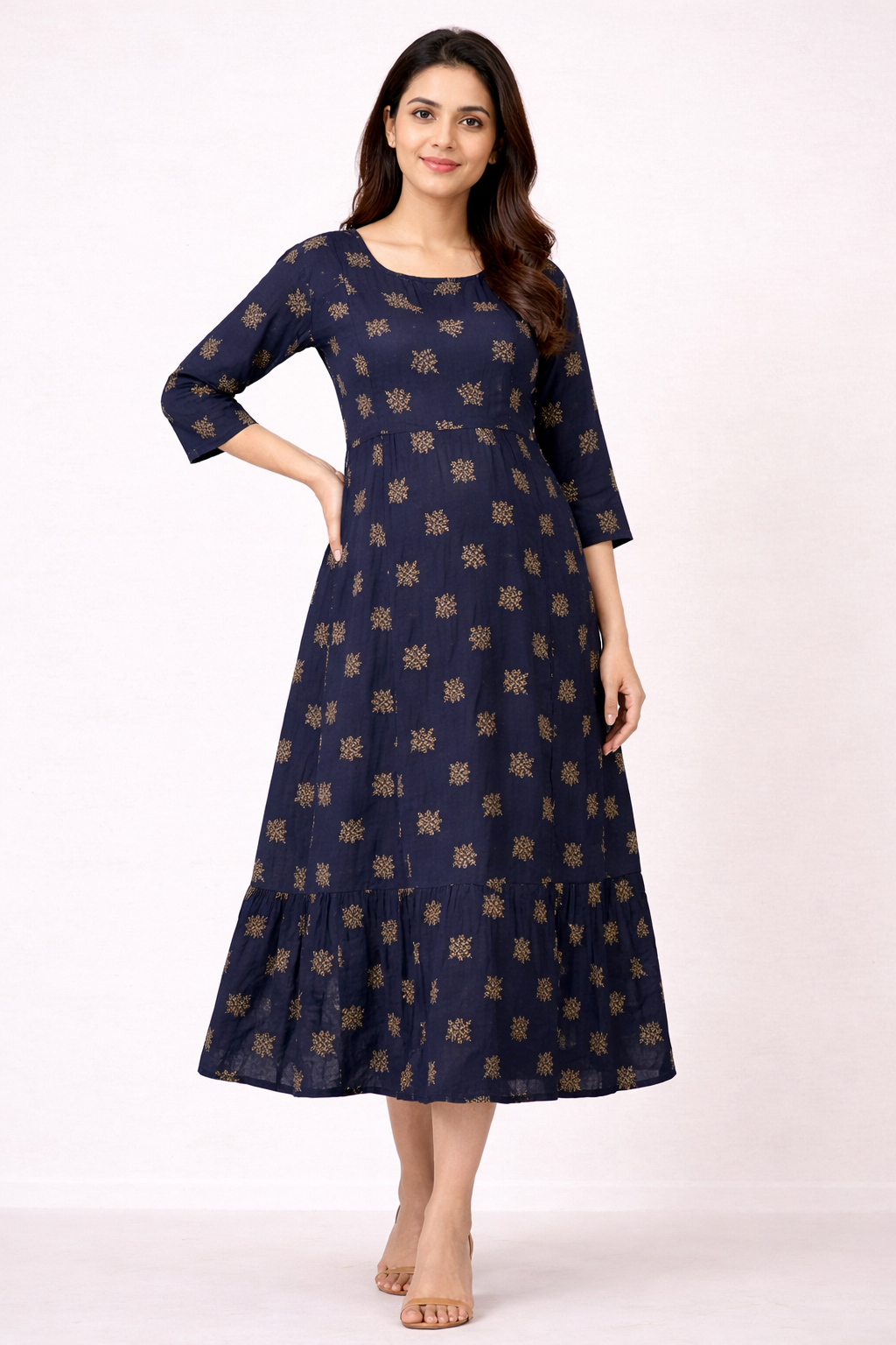 Navy Blue Printed Maternity Umbrella Dress with Double Side Invisible Zip