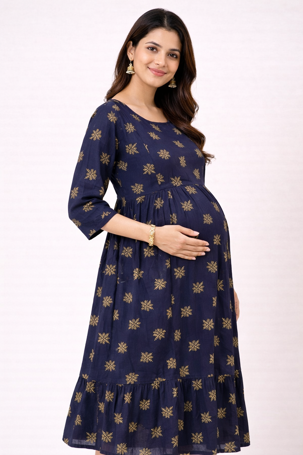 Navy Blue Printed Maternity Umbrella Dress with Double Side Invisible Zip