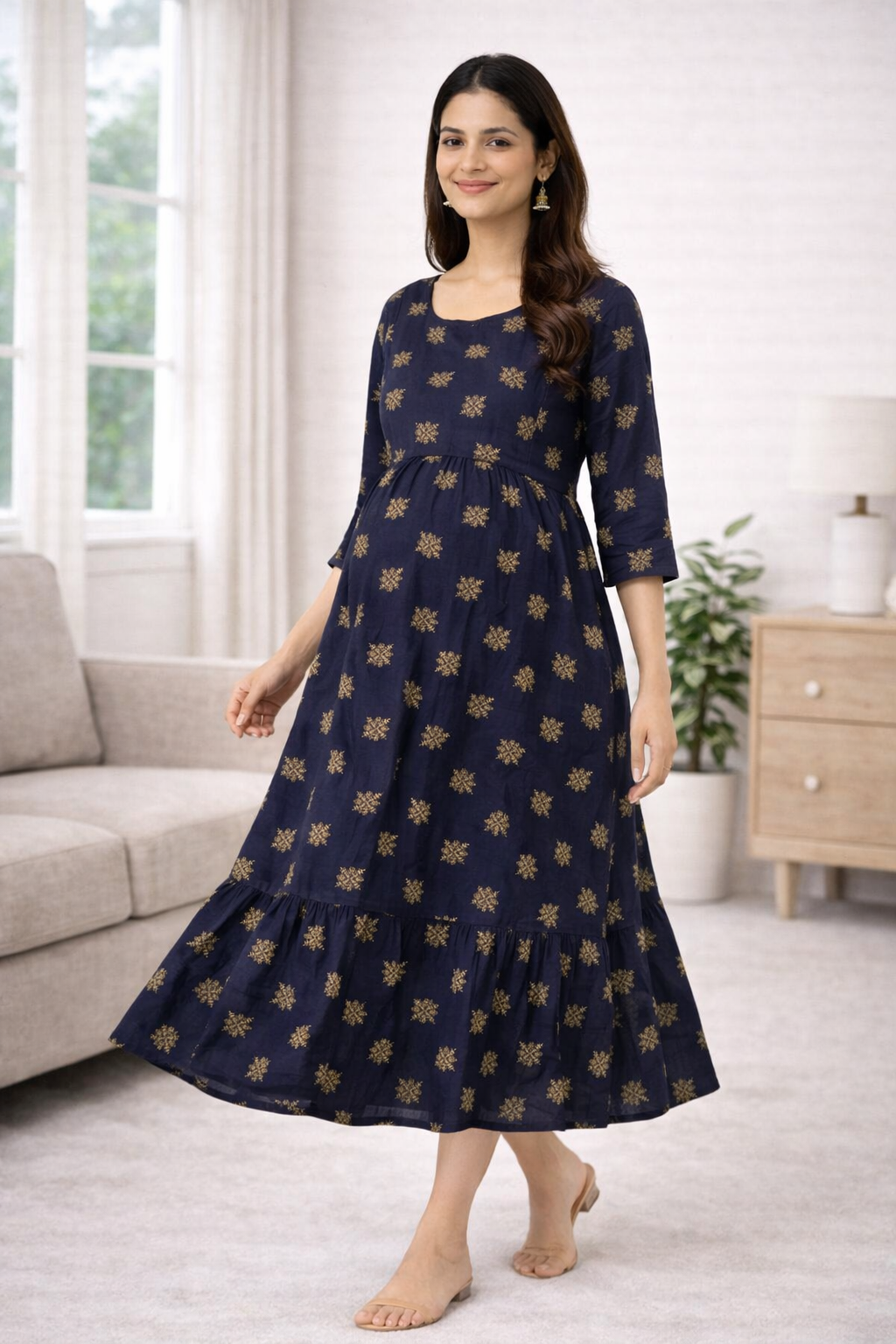 Navy Blue Printed Maternity Umbrella Dress with Double Side Invisible Zip
