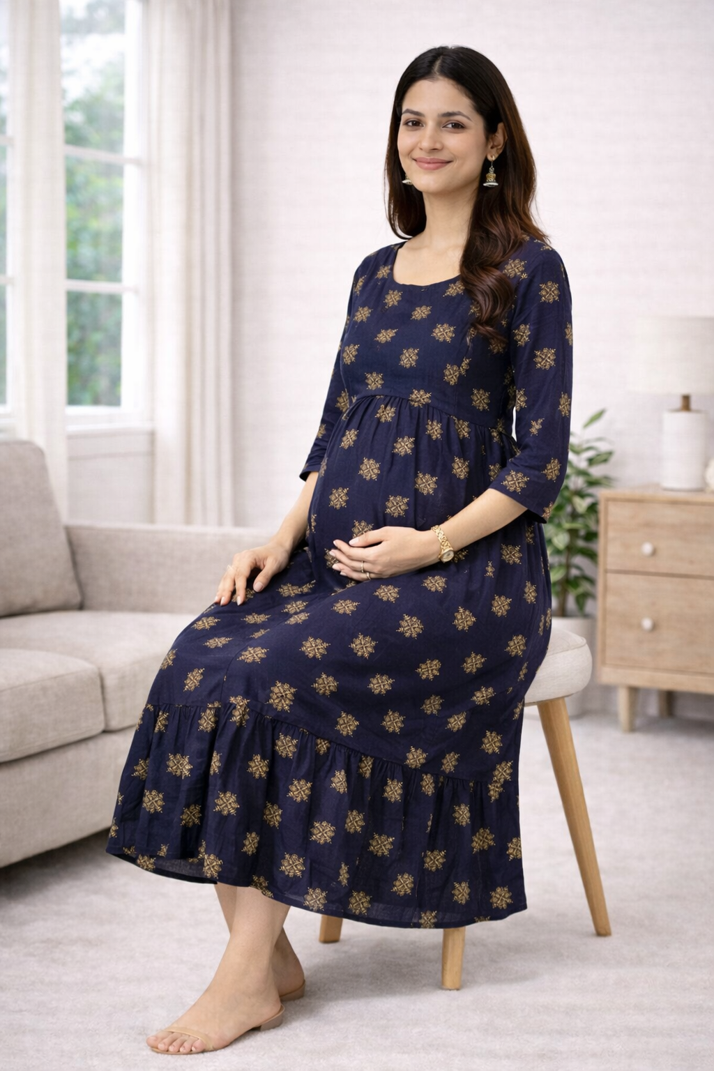 Navy Blue Printed Maternity Umbrella Dress with Double Side Invisible Zip