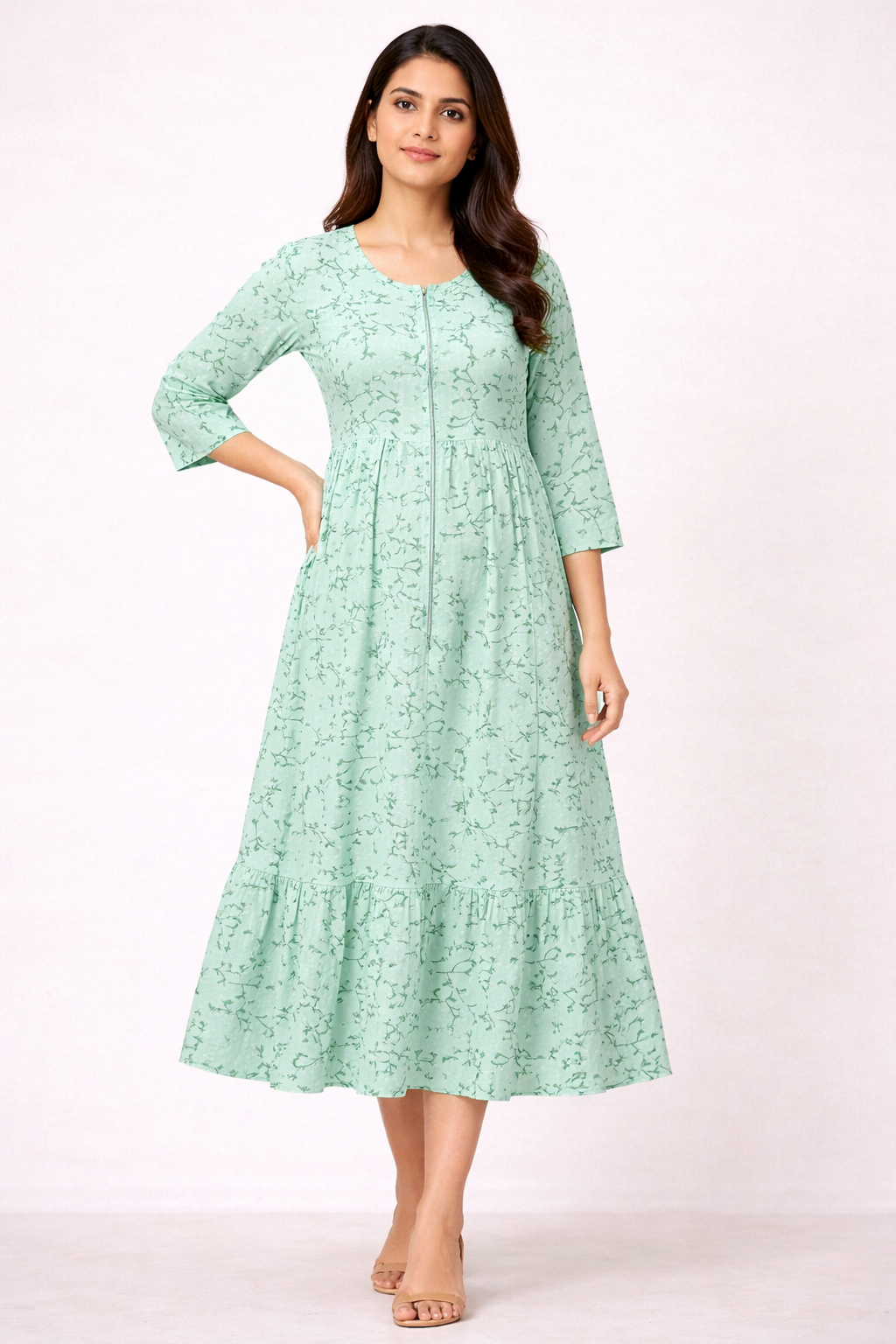 Mint Green Printed Maternity Umbrella Dress with Centre Zip