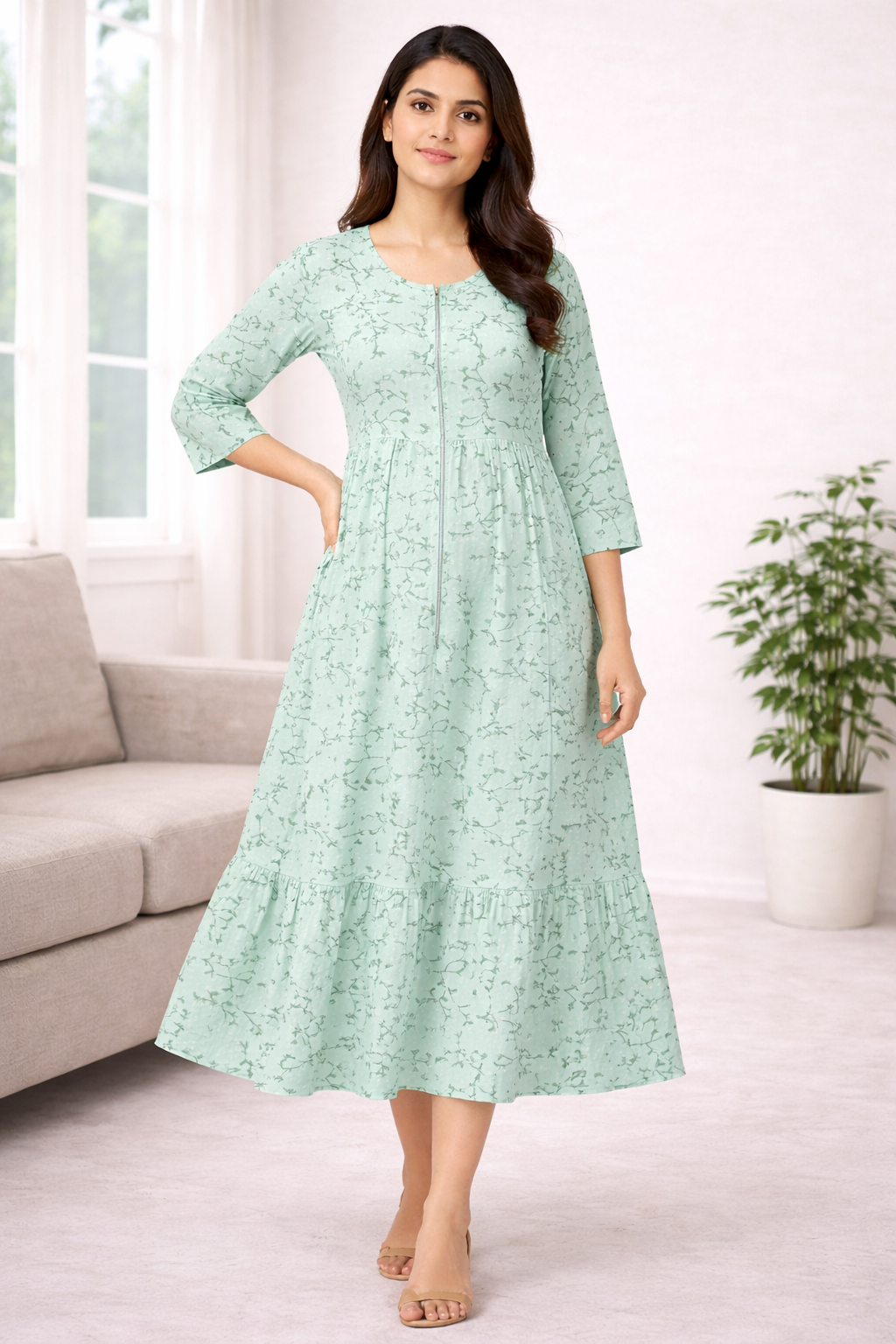 Mint Green Printed Maternity Umbrella Dress with Centre Zip