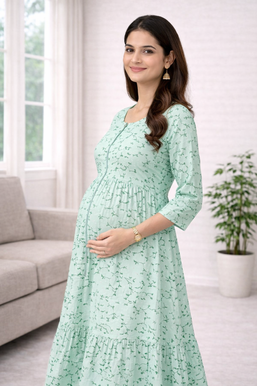 Mint Green Printed Maternity Umbrella Dress with Centre Zip