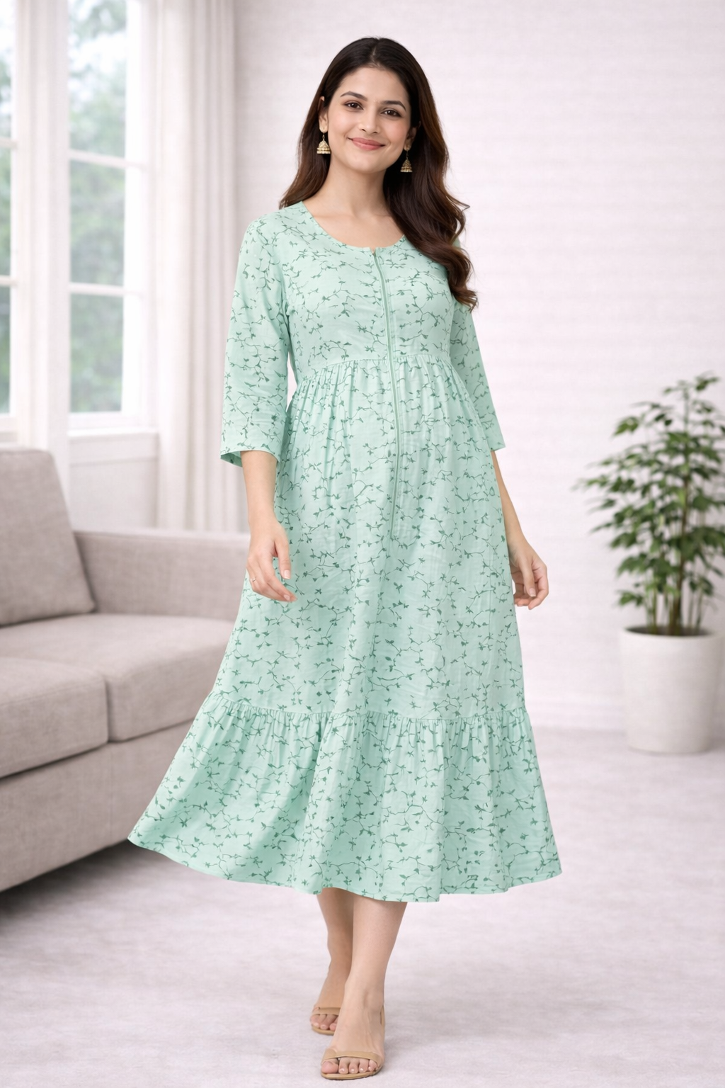 Mint Green Printed Maternity Umbrella Dress with Centre Zip