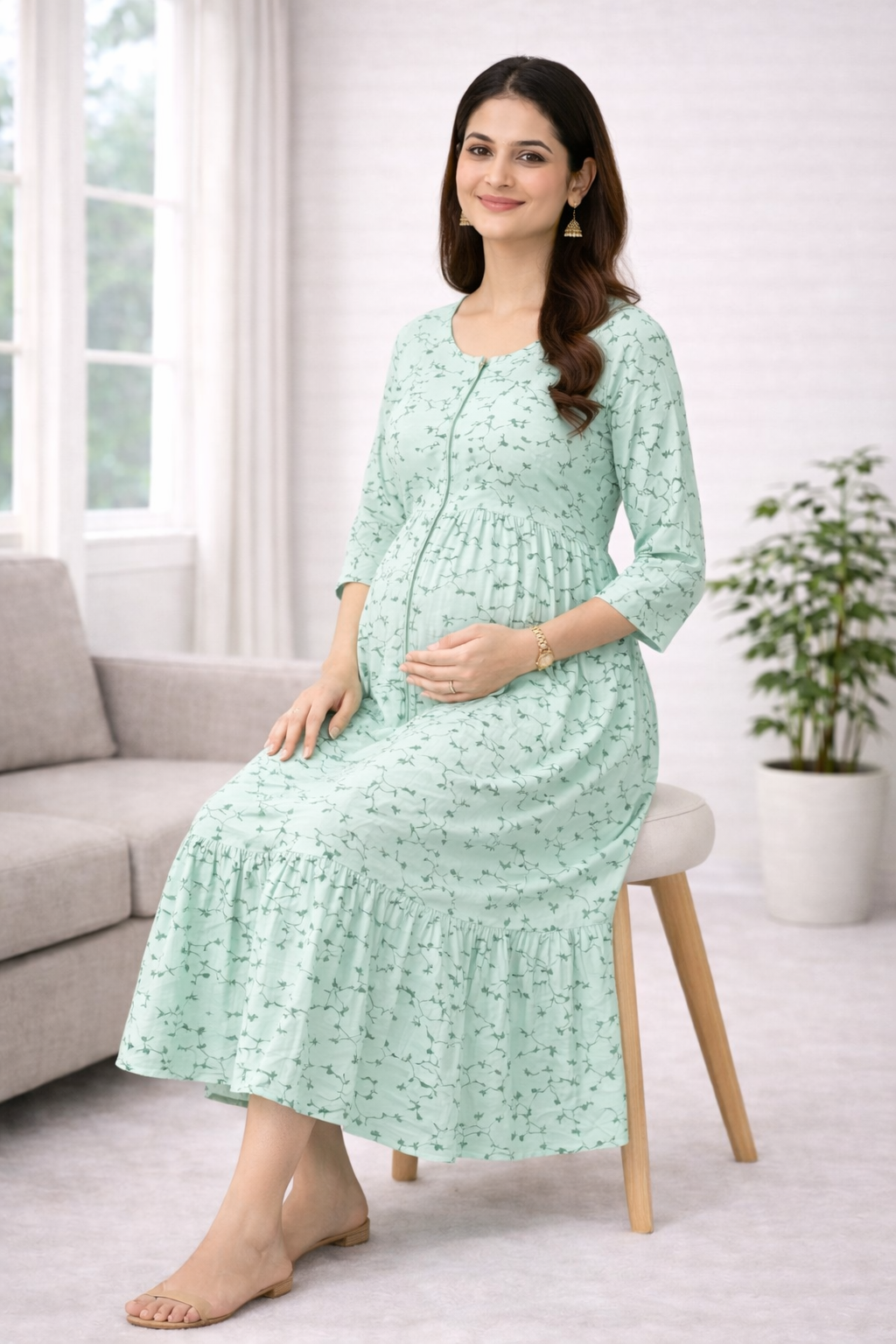 Mint Green Printed Maternity Umbrella Dress with Centre Zip