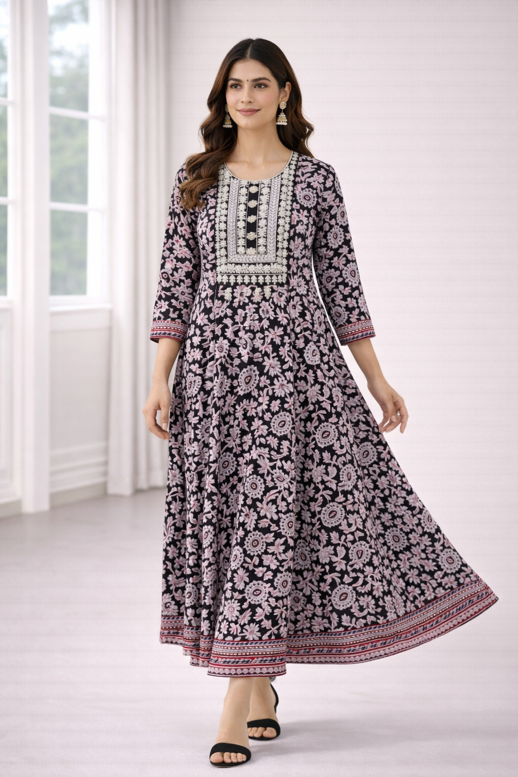 Black Printed Umbrella Kurthi – Jaipur Cotton, Round Neck