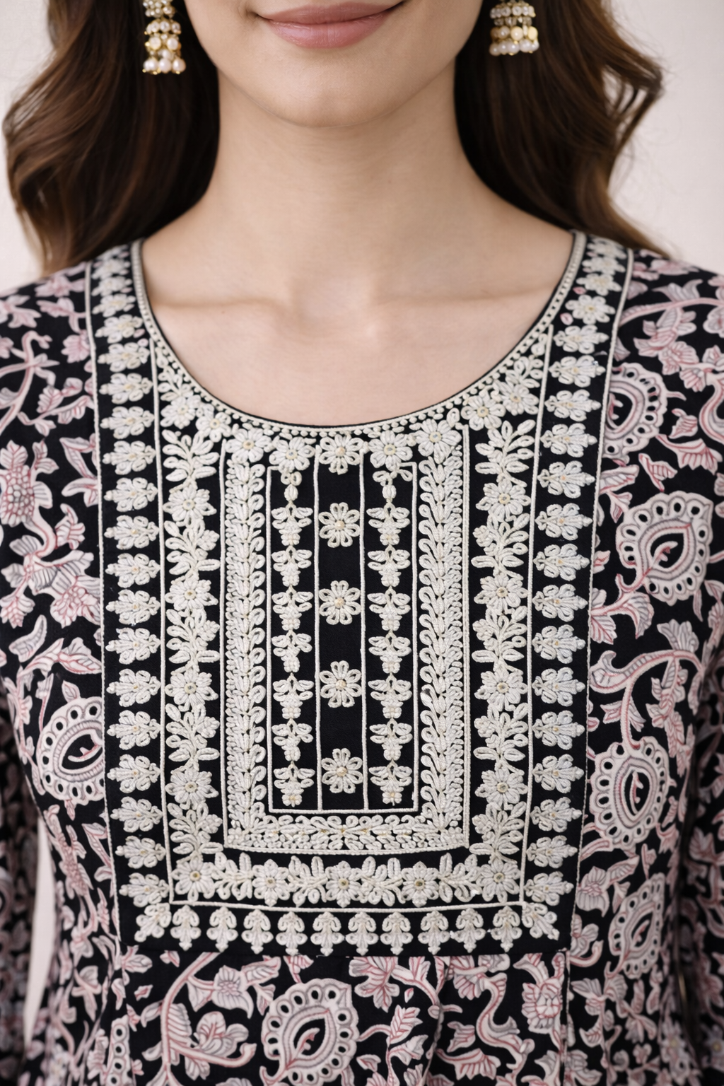 Black Printed Umbrella Kurthi – Jaipur Cotton, Round Neck