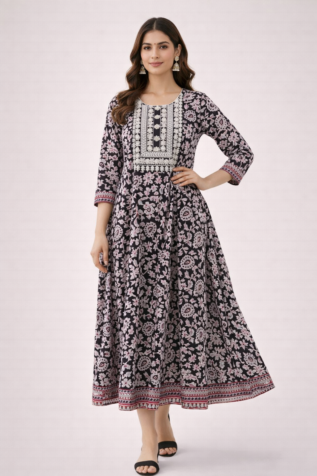 Black Printed Umbrella Kurthi – Jaipur Cotton, Round Neck