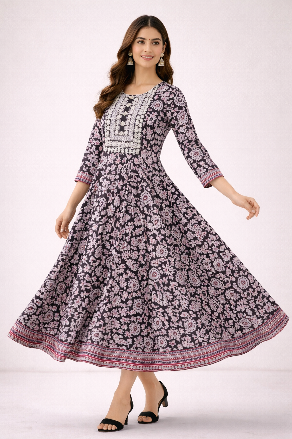 Black Printed Umbrella Kurthi – Jaipur Cotton, Round Neck