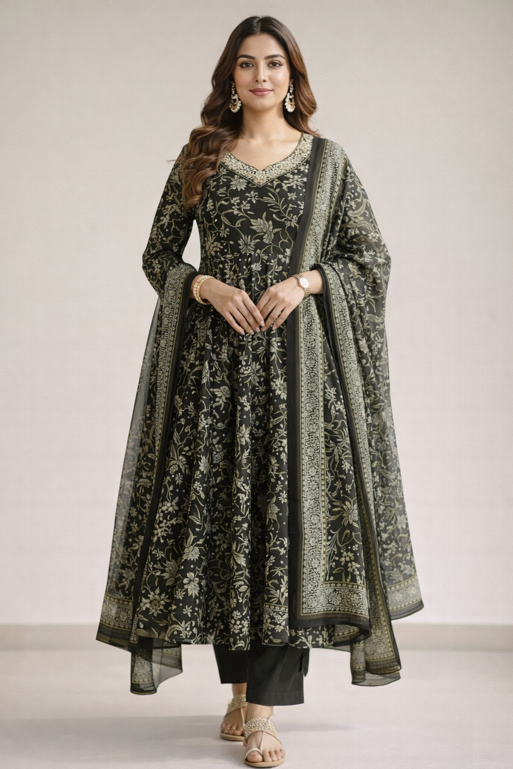 Black Printed Umbrella Salwar Suit Set with Dupatta