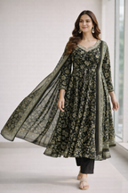 Black Printed Umbrella Salwar Suit Set with Dupatta