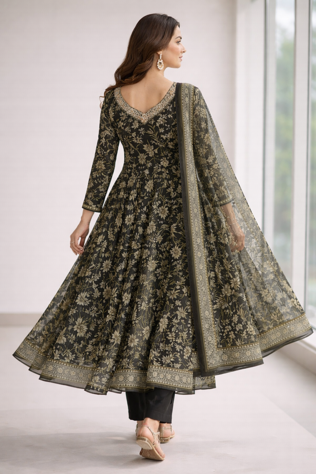 Black Printed Umbrella Salwar Suit Set with Dupatta