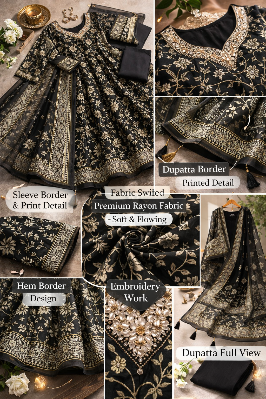 Black Printed Umbrella Salwar Suit Set with Dupatta